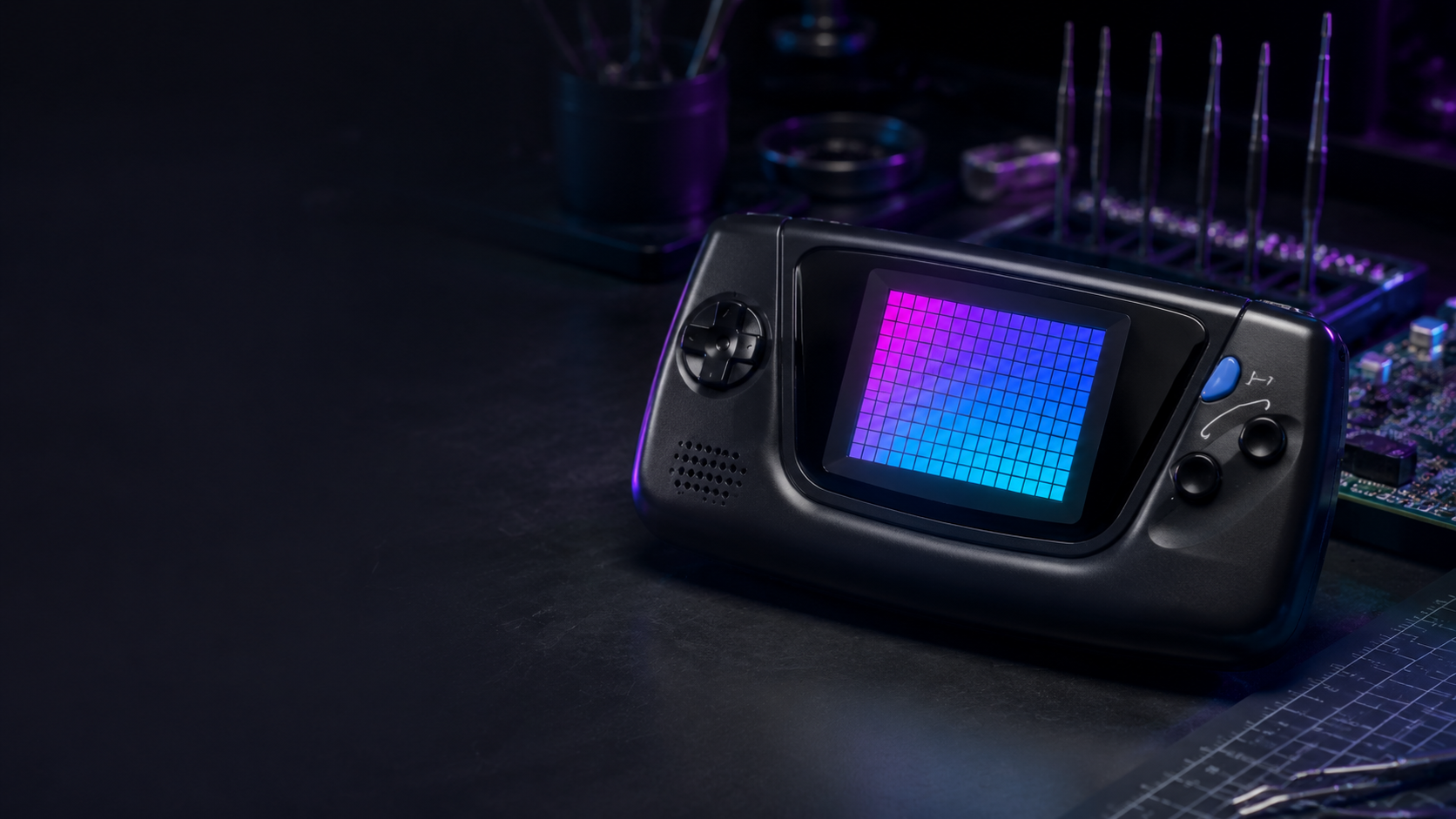 Restored retro handheld console on a professional electronics repair bench